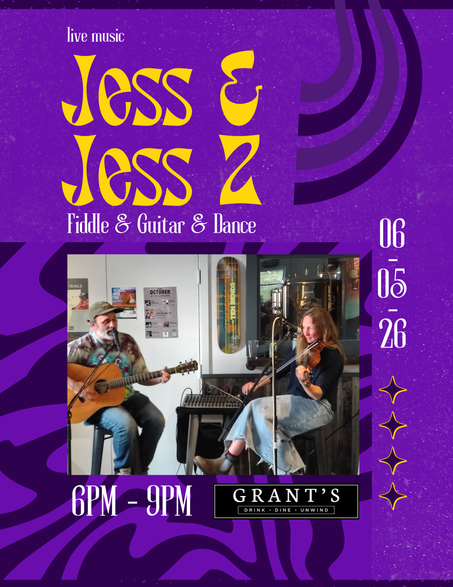 Purple poster with two musicians performing indoors, playing fiddle and guitar.