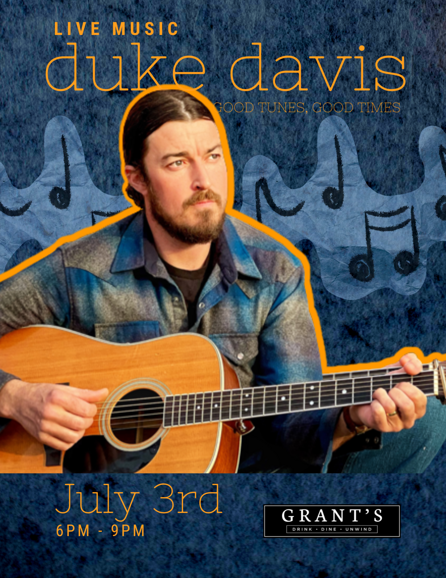 Man playing guitar with a background of musical notes and event details.