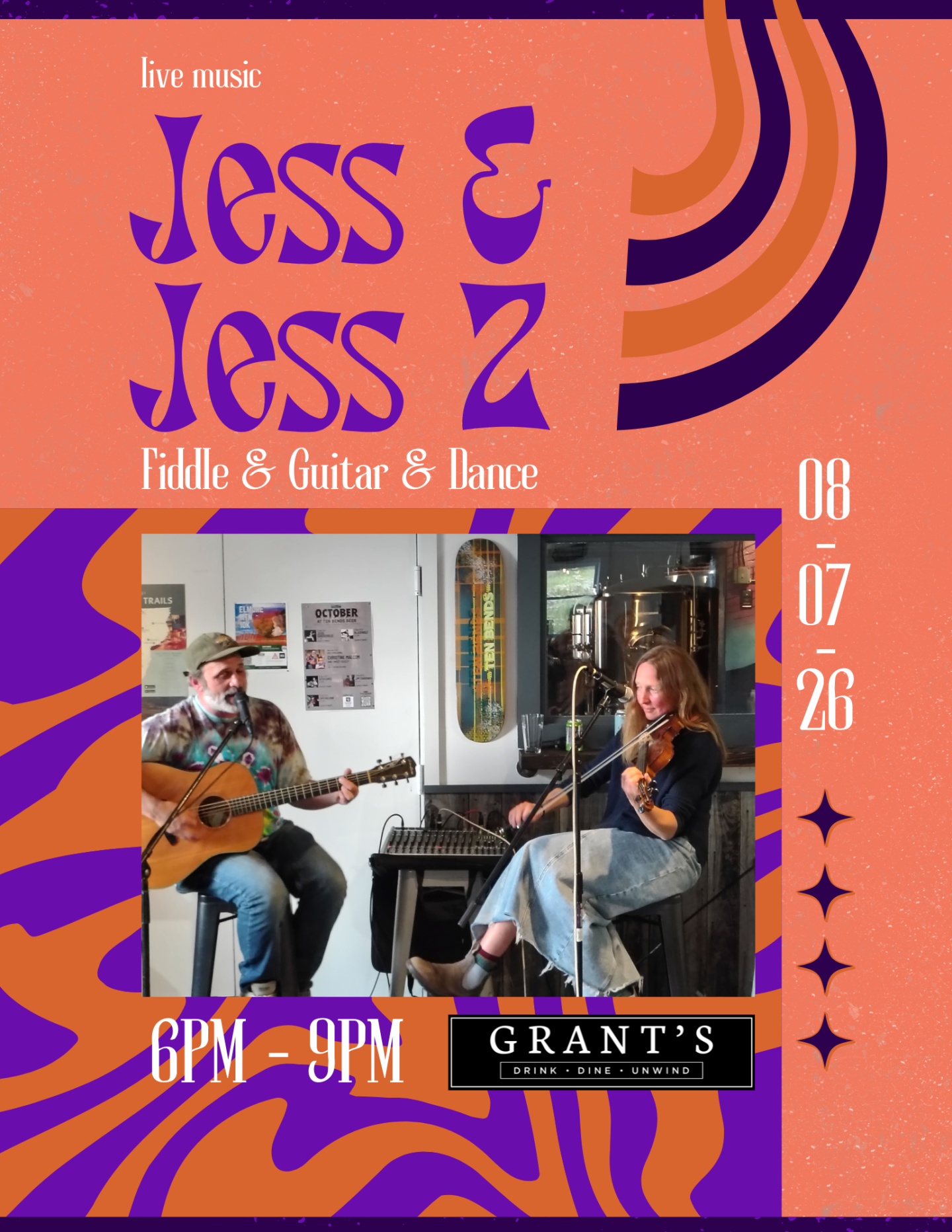 Colorful poster with musicians playing guitar and violin.
