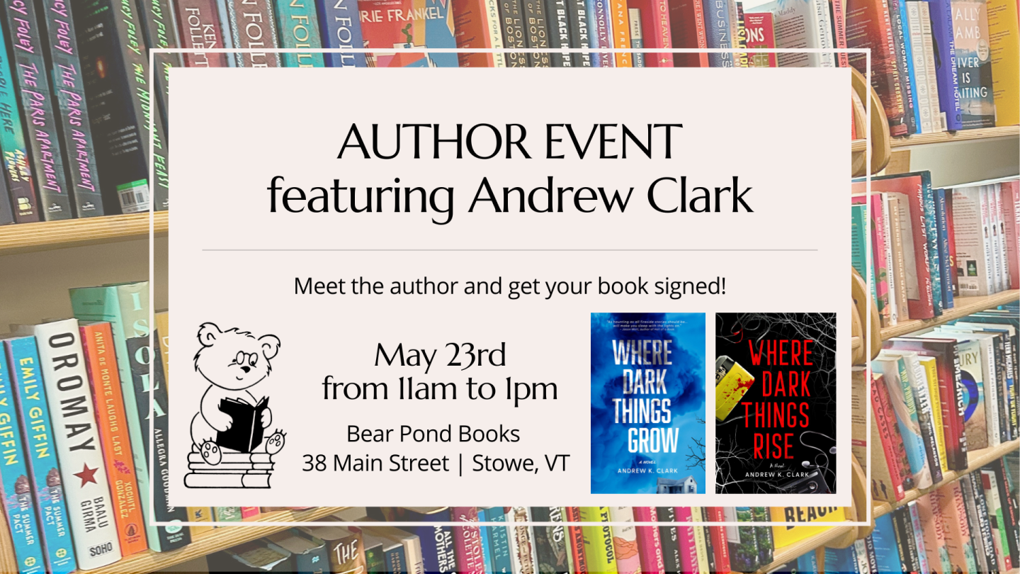 Author event poster with three book covers and a bear illustration. Bookshelves in the background.