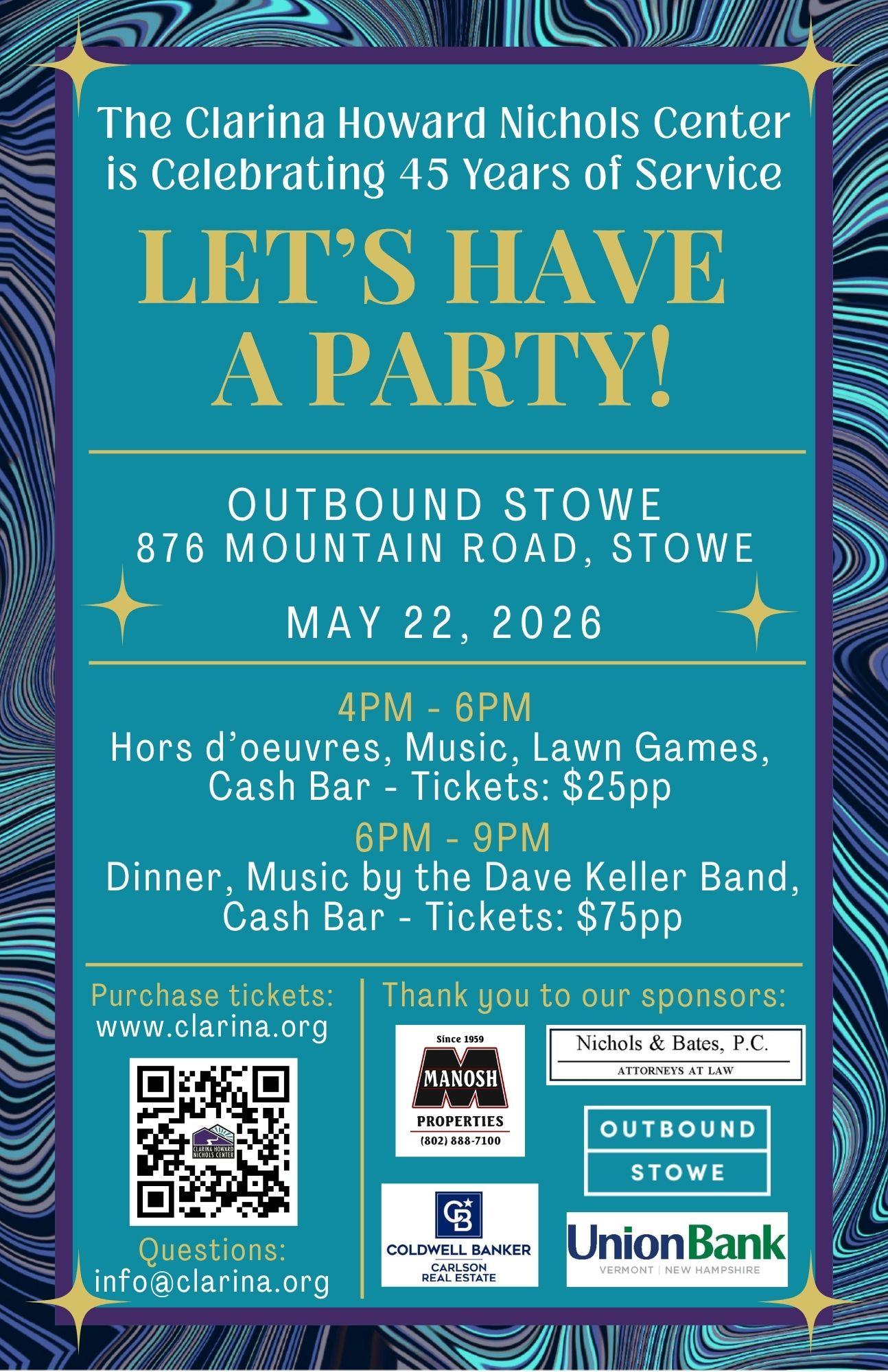 Teal party invitation with event details, logos, and decorative patterns.