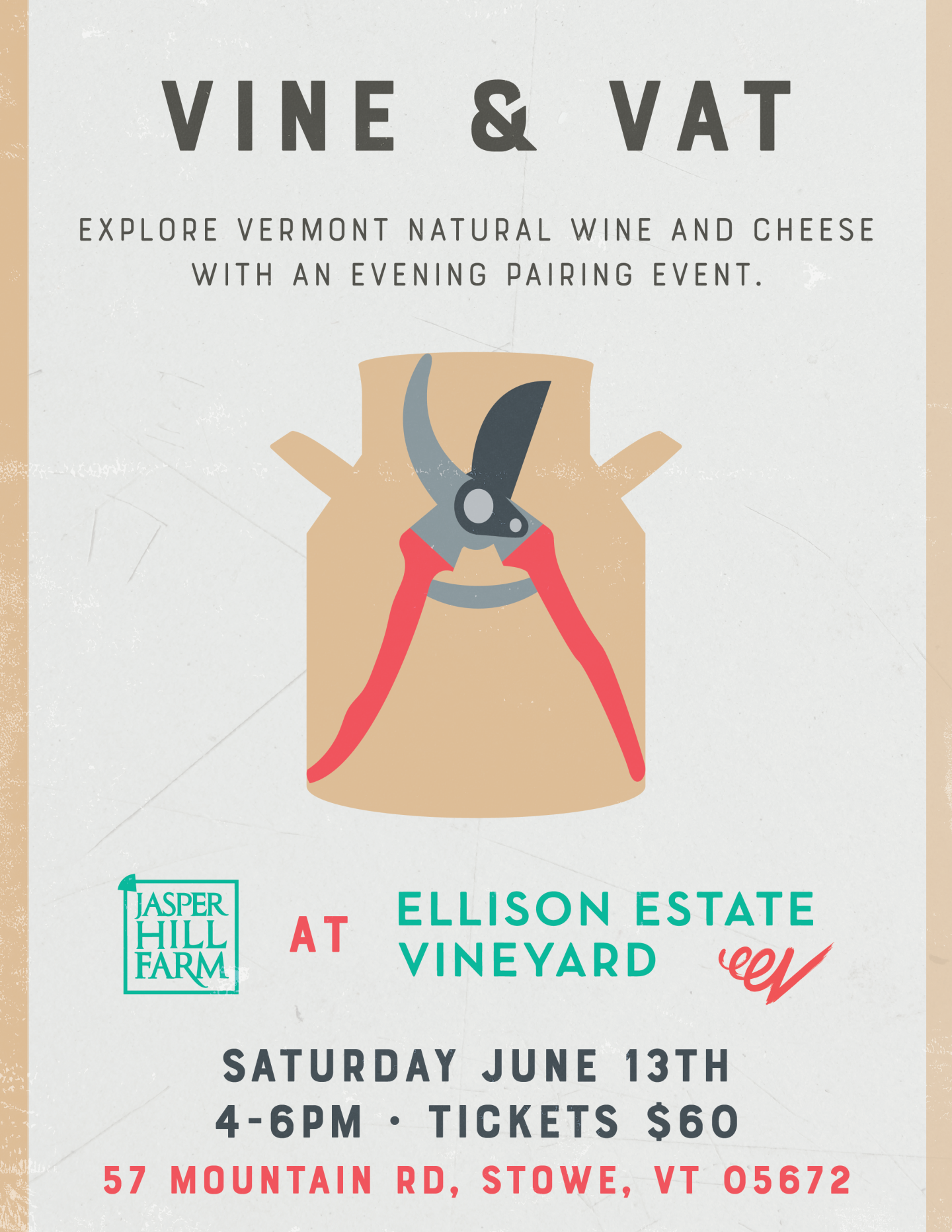 Vine and Vat event flyer with vine shears illustration.
