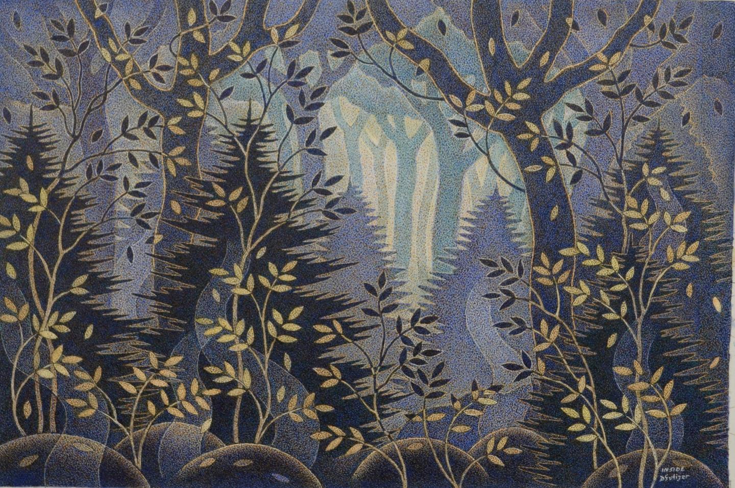 Forest painting with tall trees, blue hues, and scattered golden leaves.
