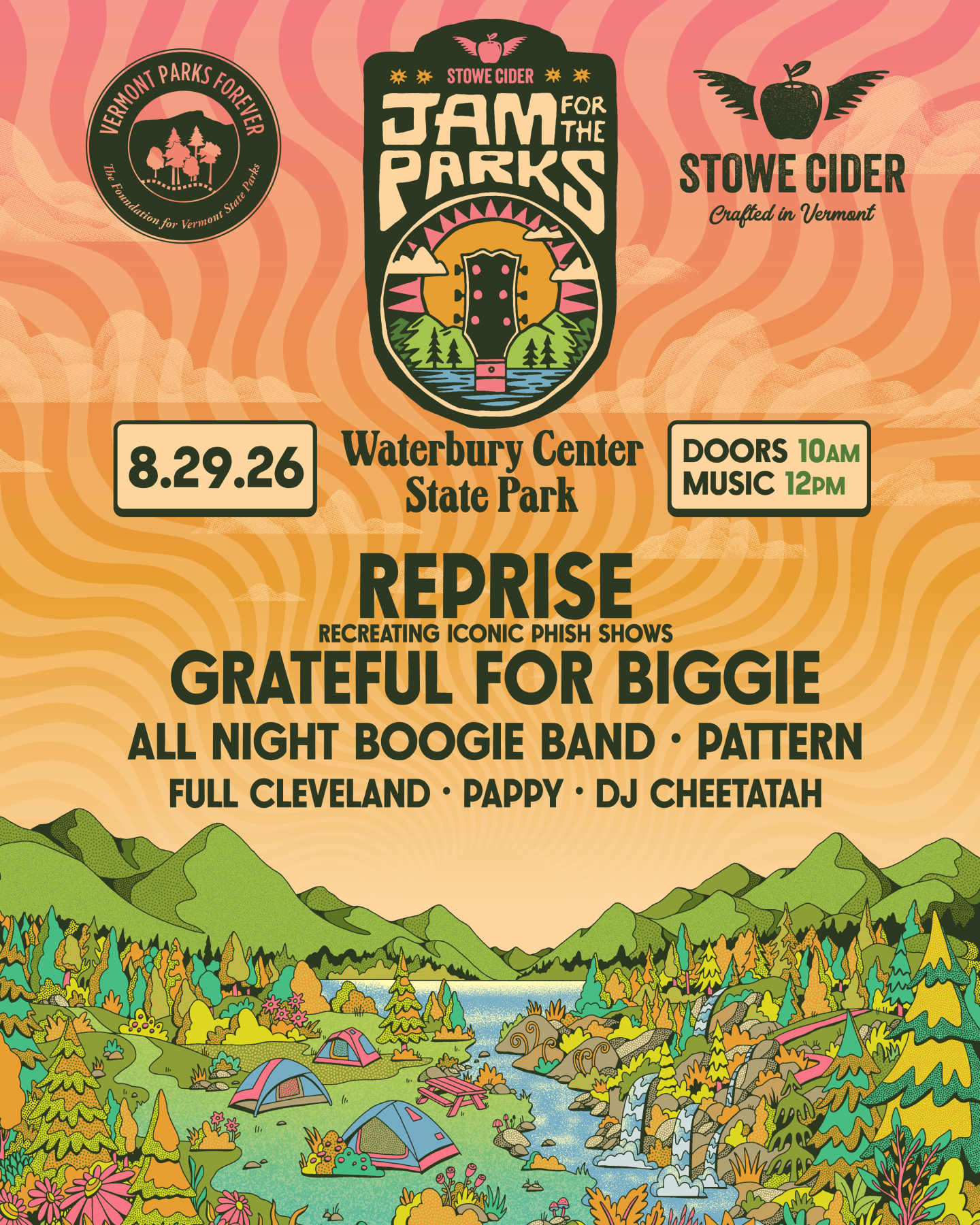 Colorful concert poster with mountains, trees, and event details.