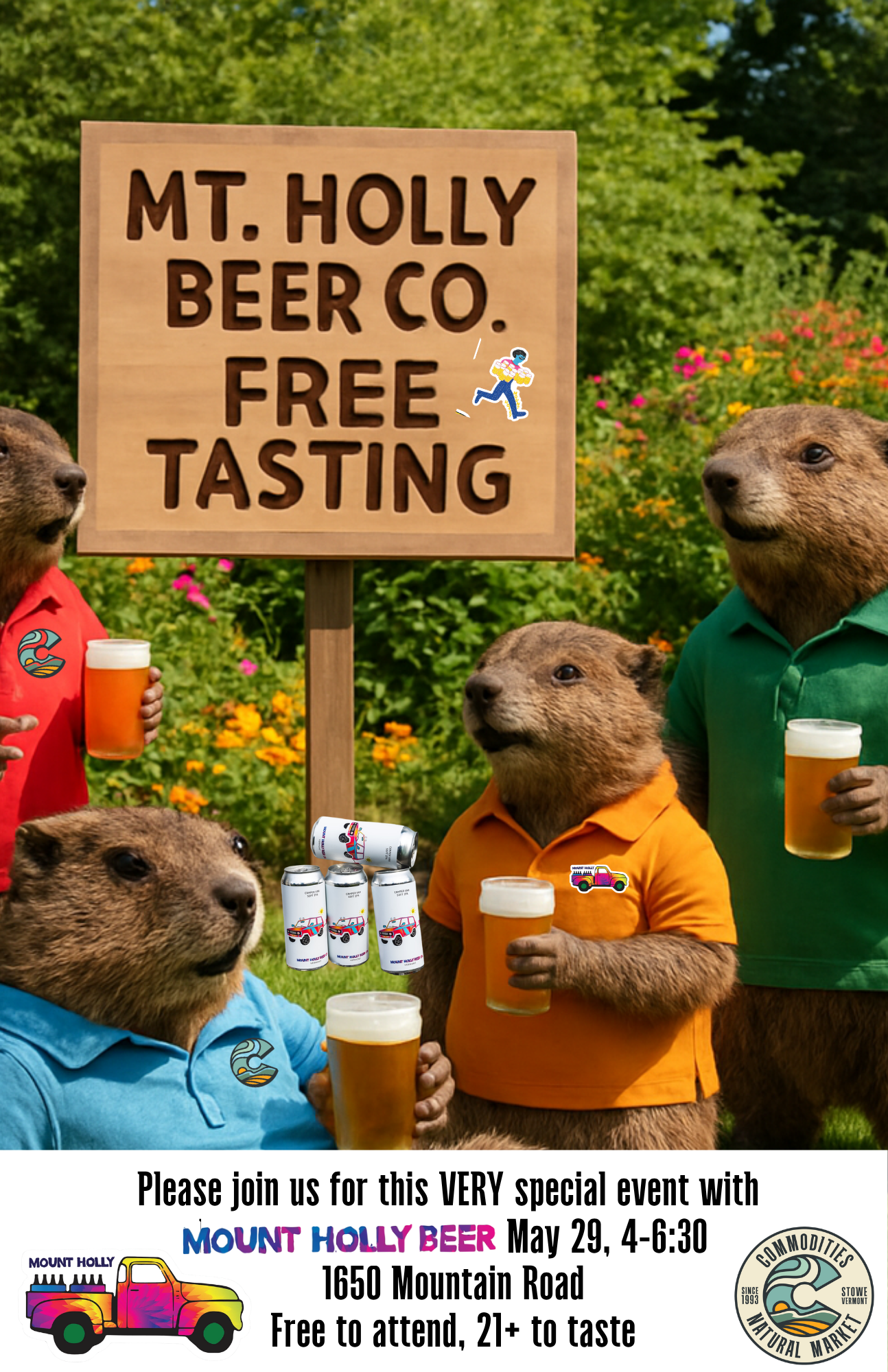 Groundhogs in shirts holding beer, standing by a "Mt. Holly Beer Co. Free Tasting" sign. 