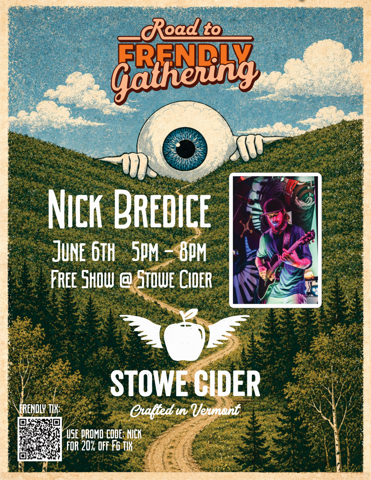 Gig poster for Nick Bredice at Stowe Cider with psychedelic artwork and an eye graphic.