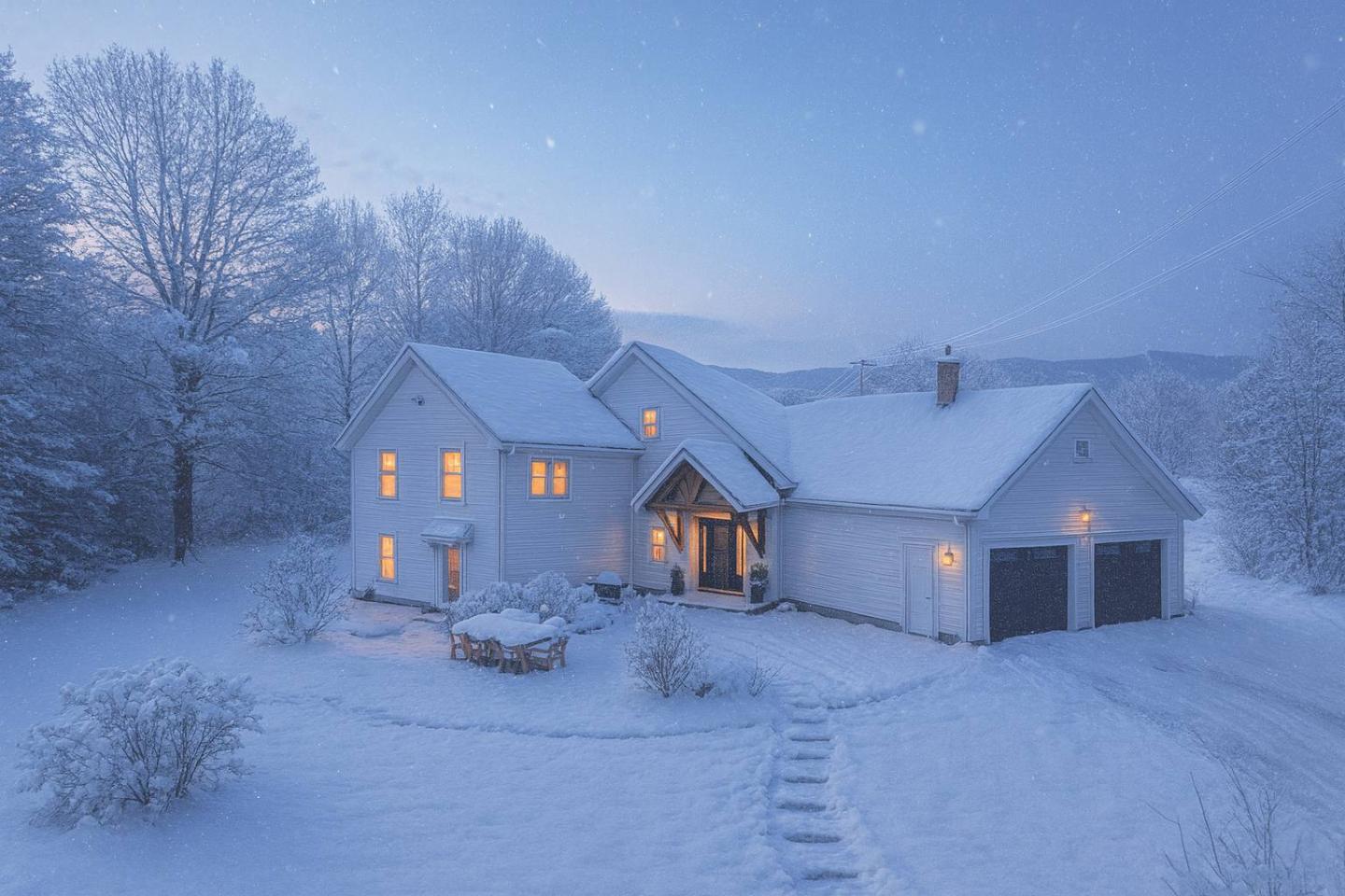 Snow-covered house with warm lights in a tranquil winter landscape.