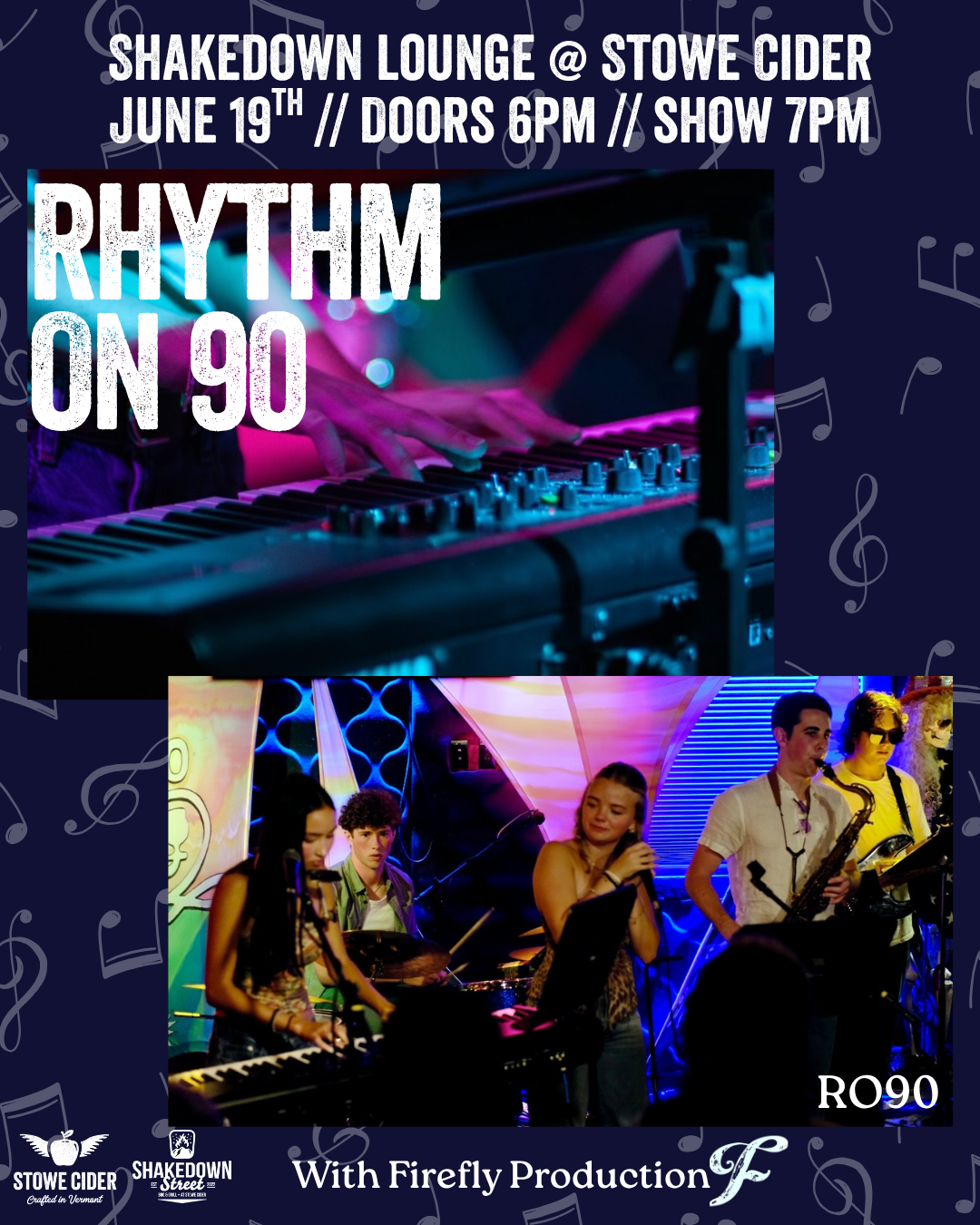 Band performing on stage with colorful lights and saxophonists.