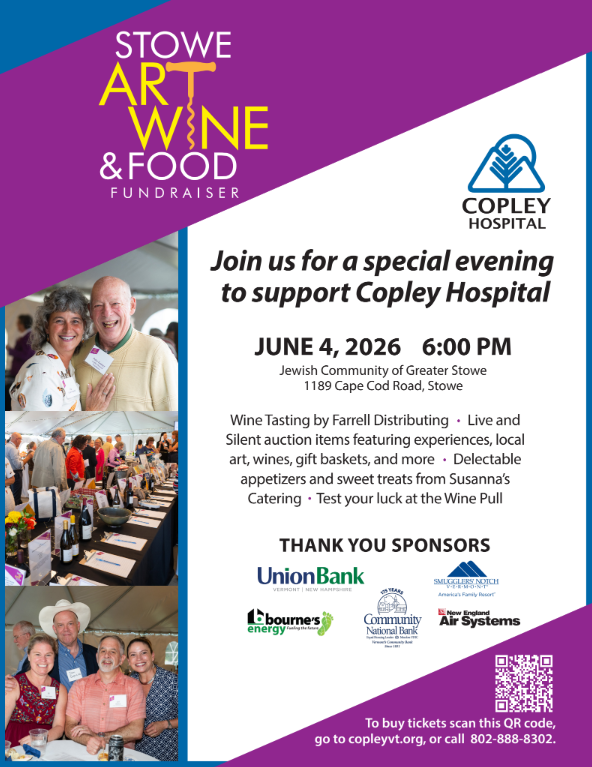 Flyer for a Stowe art, wine, and food event supporting Copley Hospital, June 4, 2026.