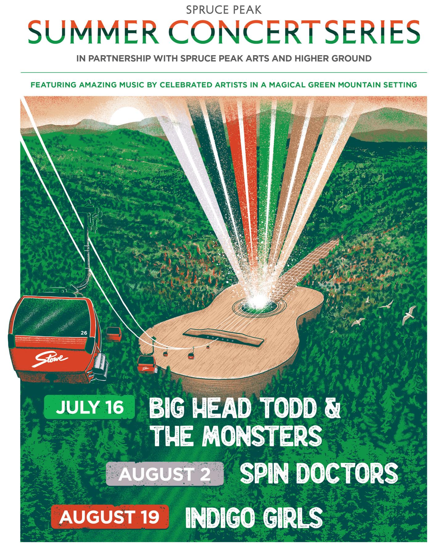Concert poster with stage in green mountains and listed band names.