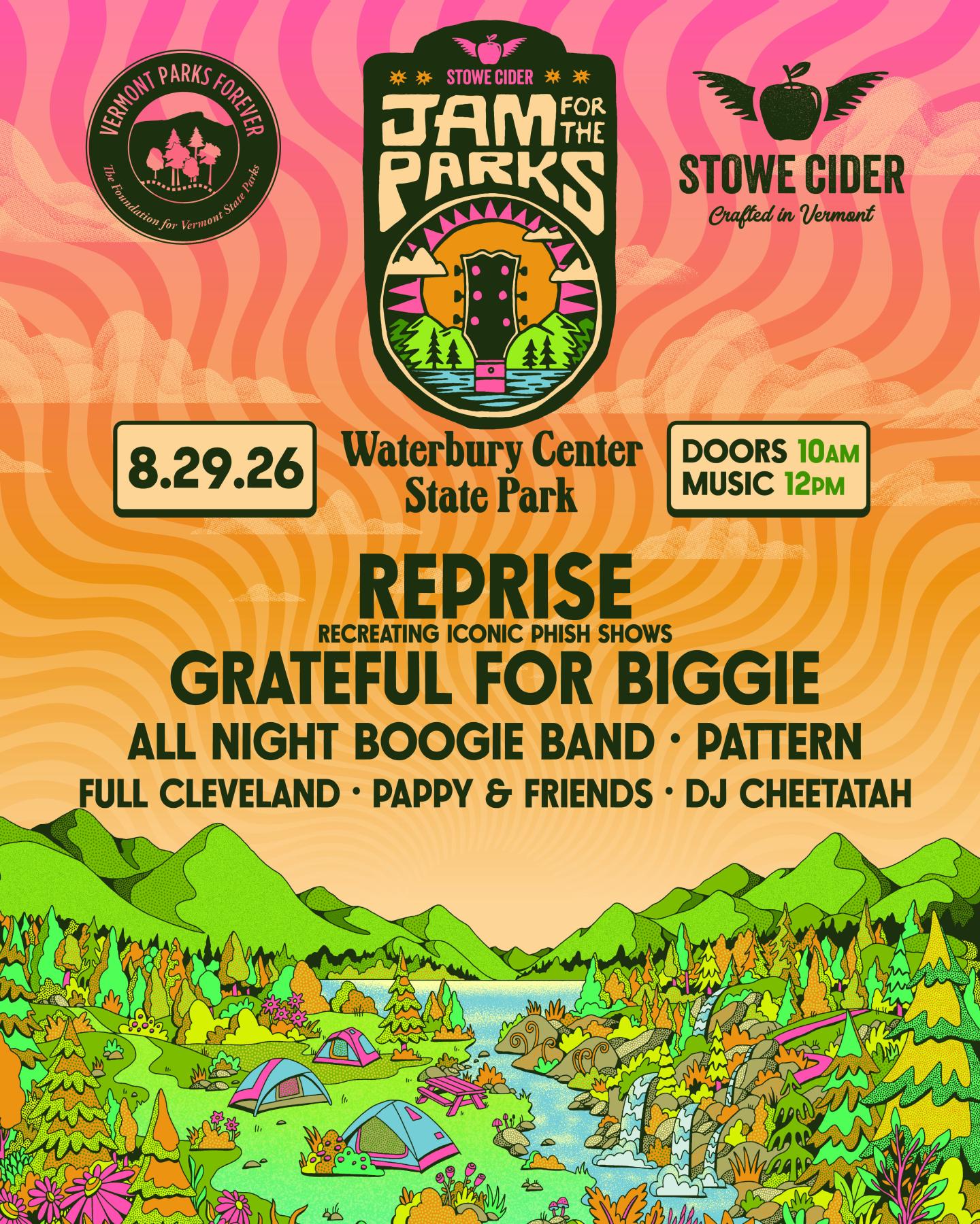 Colorful event poster with bands listed and nature-themed graphics.