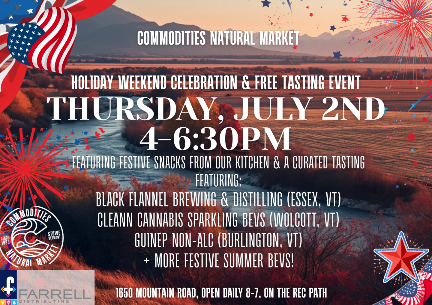 Holiday event flyer with fireworks and U.S. flag theme detailing free tasting event on Thursday July 2 4-6:30pm.