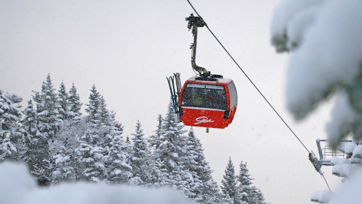 Red ski gondola travels through snowy forest.