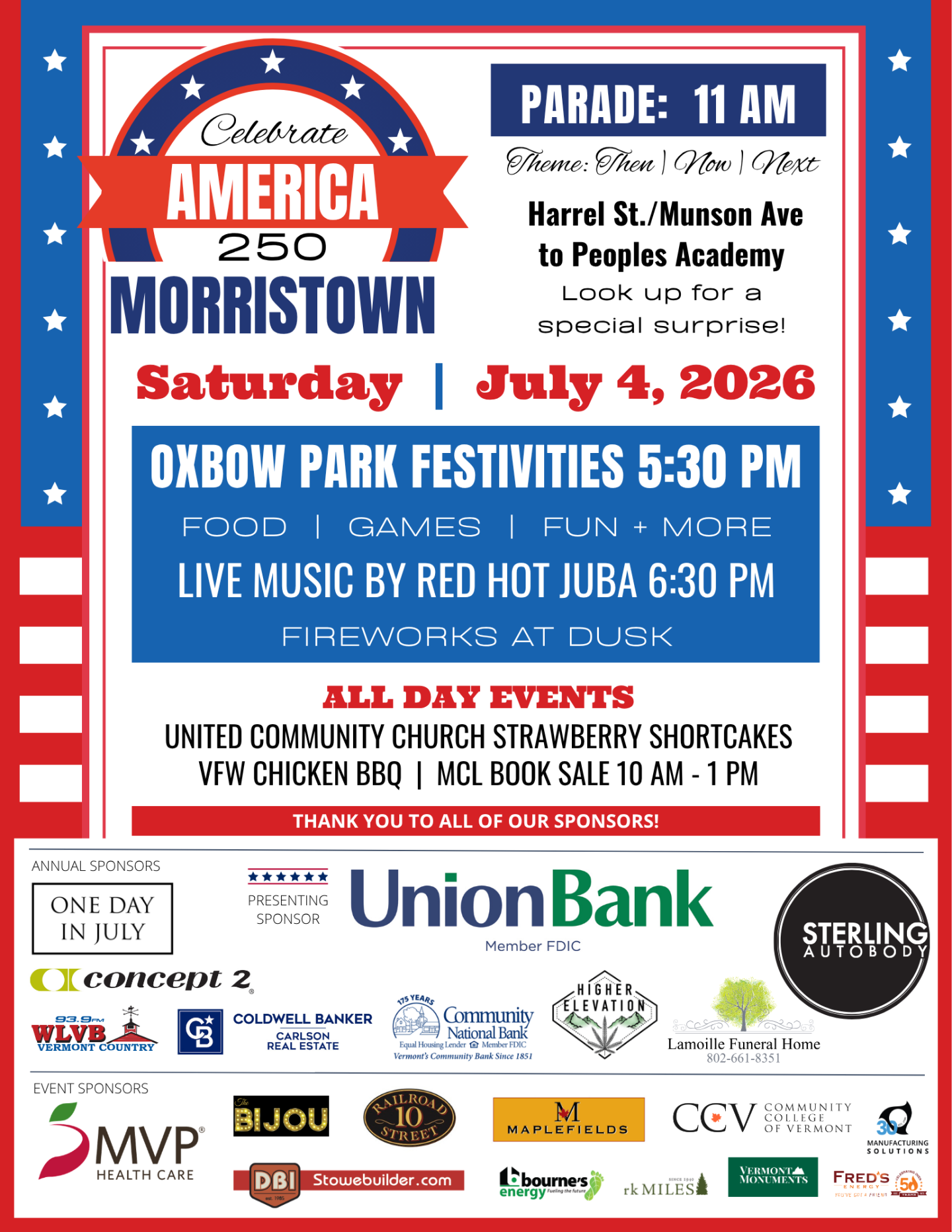 Morristown July 4th celebration poster with event details and logos.
