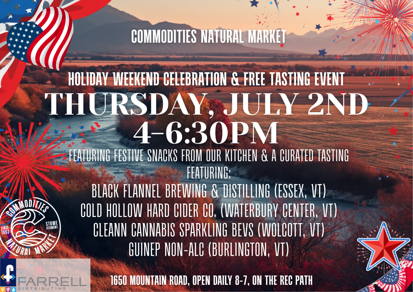 Fireworks over a river with text about a tasting event on July 2nd, 4-6:30 PM.