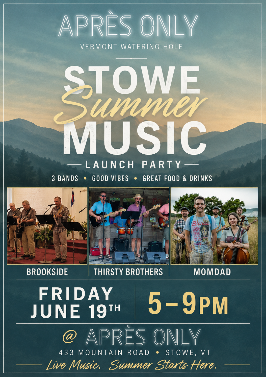 Stowe Summer Music launch poster with band photos and event details.