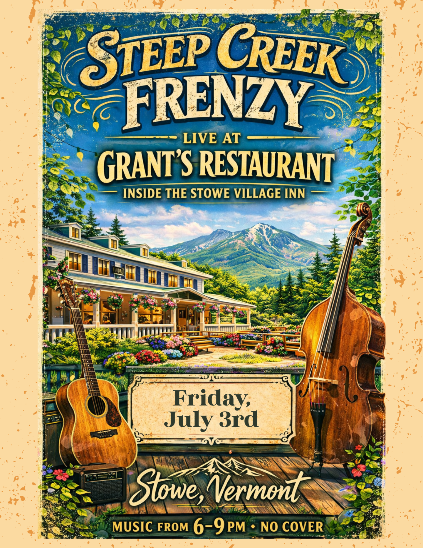 Colorful poster featuring musical instruments and a mountain-lodge setting.