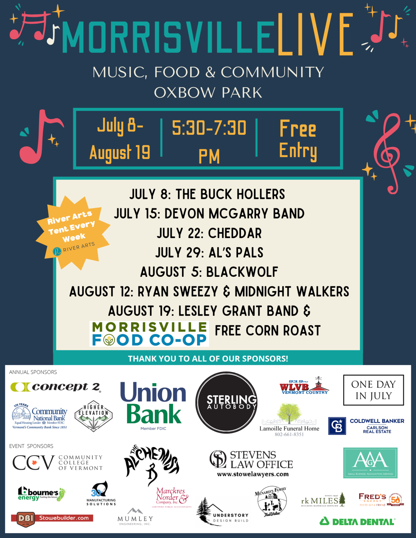 Morrisville Live event poster with band schedule and sponsor logos.