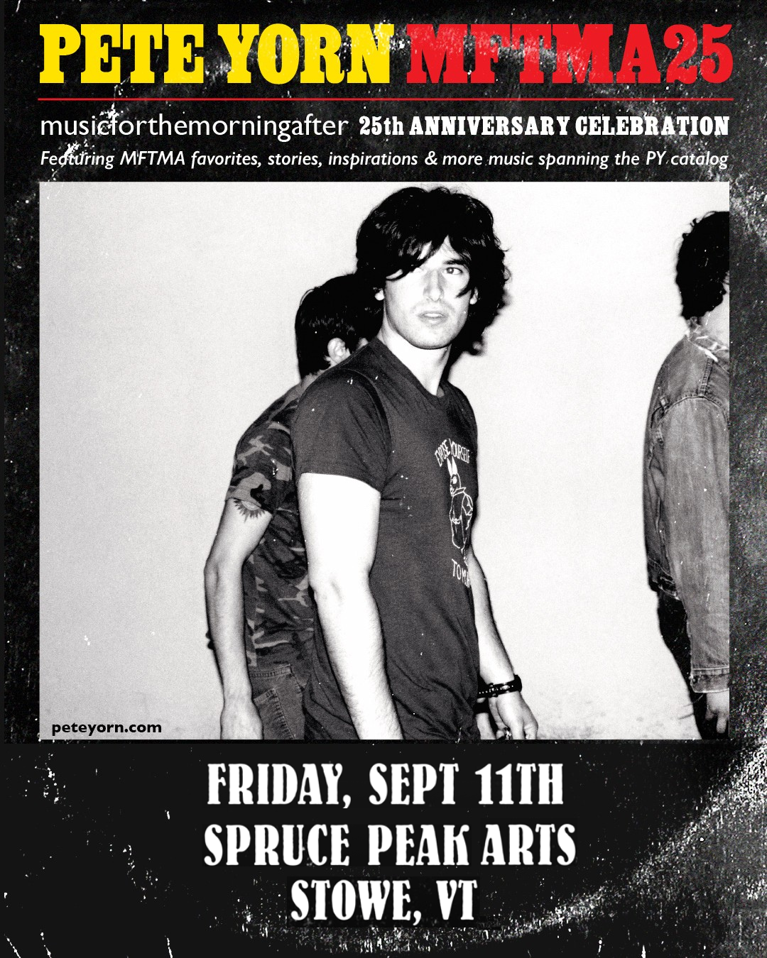 Concert poster with a man standing, wearing a dark shirt and jeans, black-and-white theme.