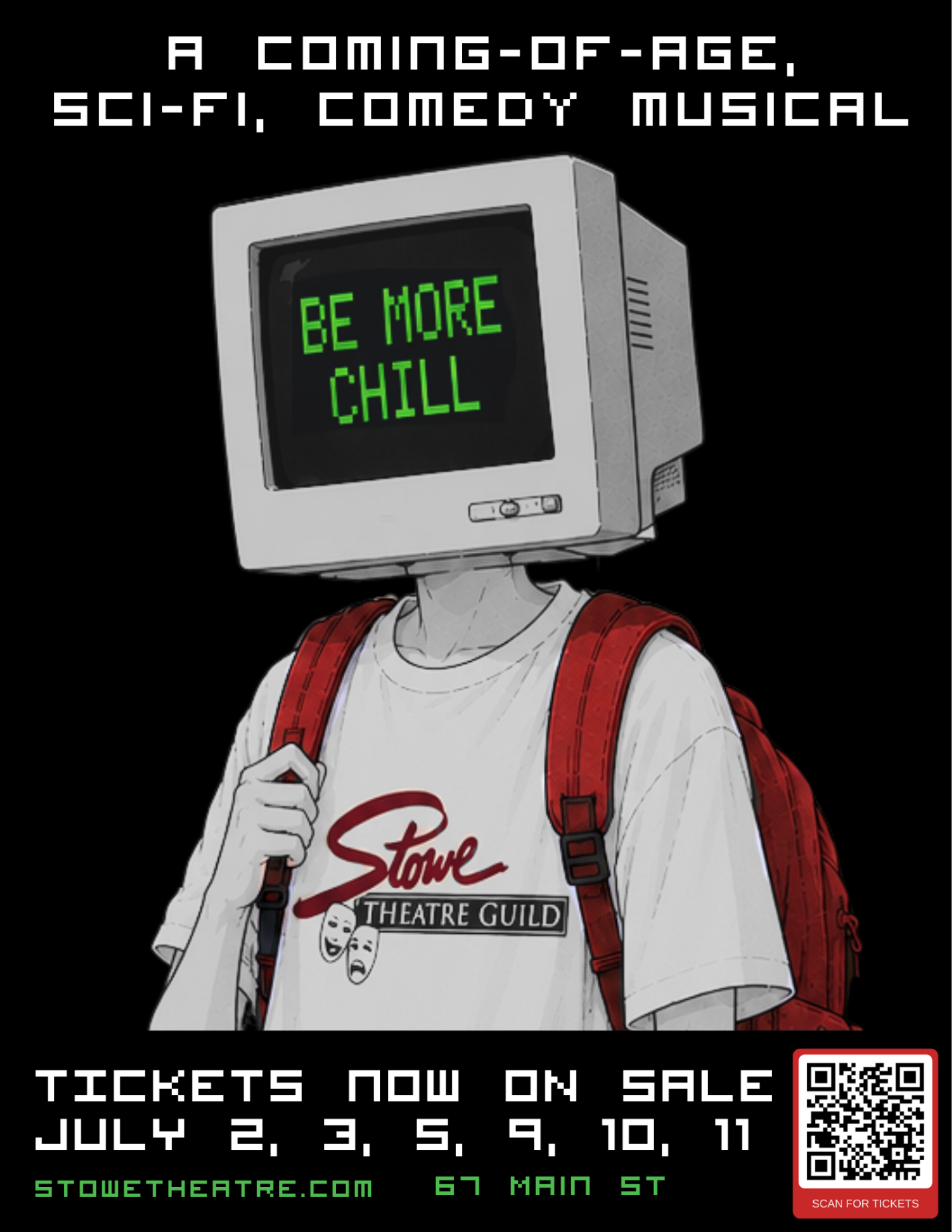 Computer-headed figure with backpack, wearing a theatre-themed shirt.