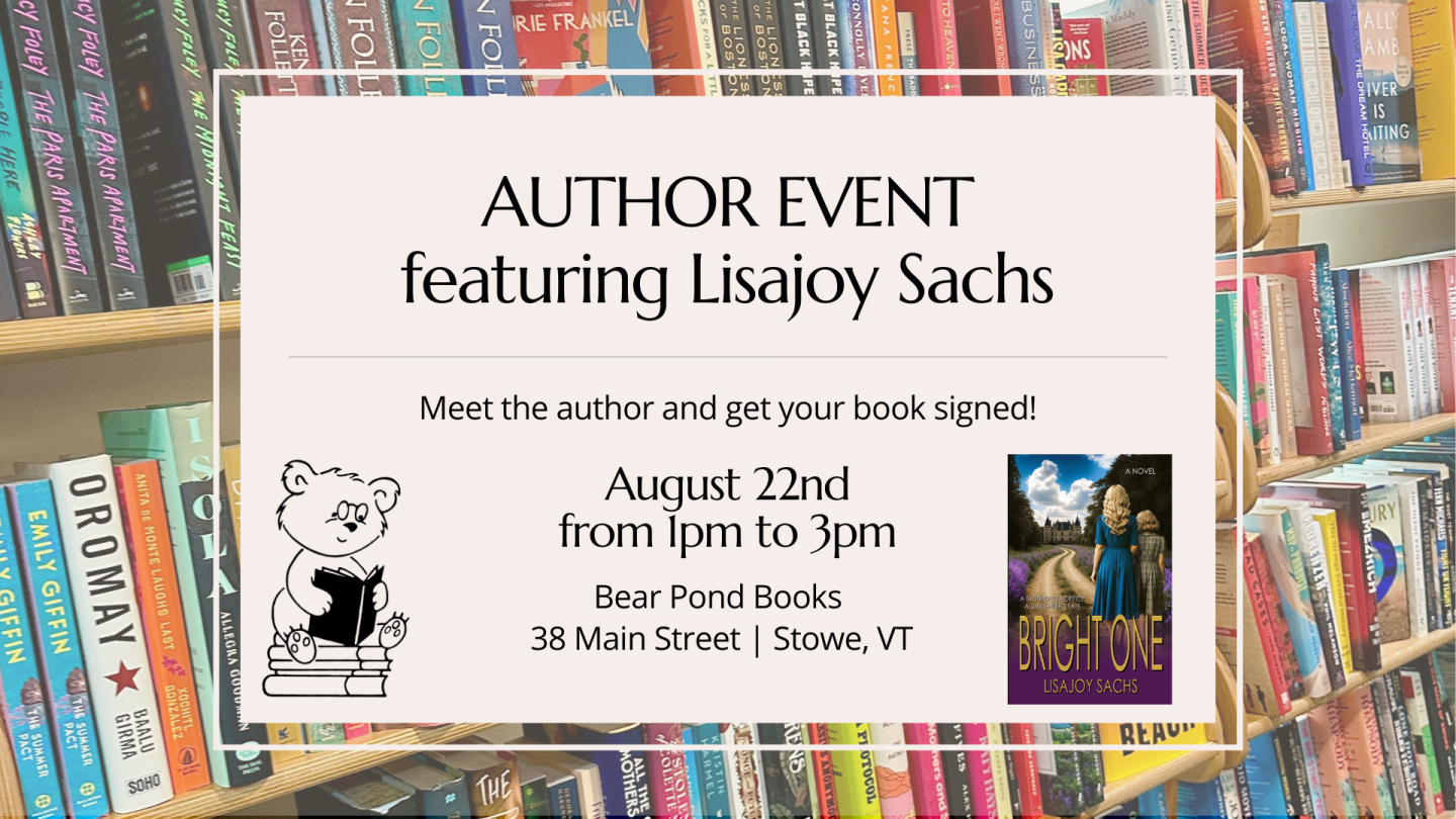 Author event poster with book covers, set against a bookshelf background.