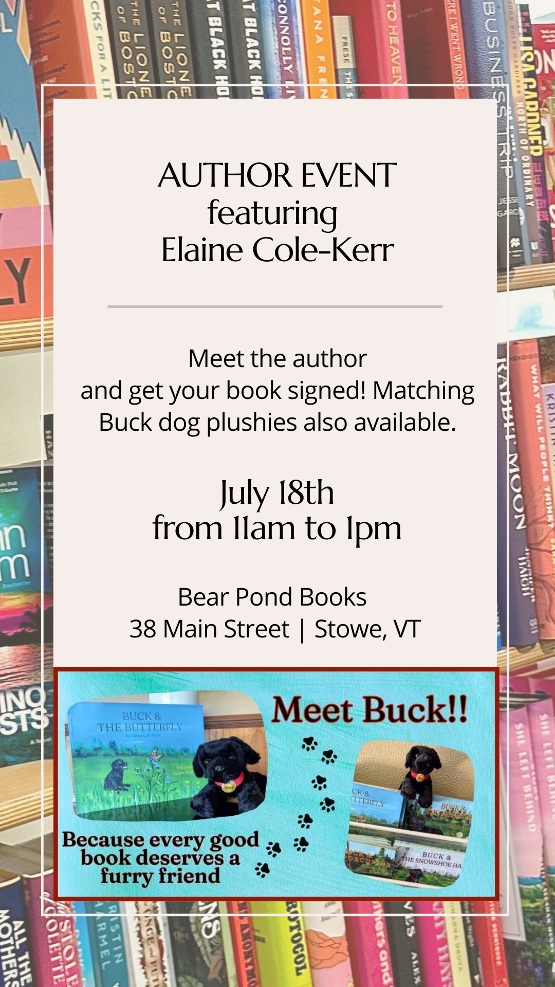 Author event poster on a colorful bookshelf background.