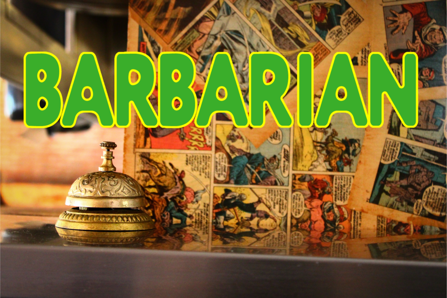 Comic book collage with service bell and text "BARBARIAN" in bright letters.