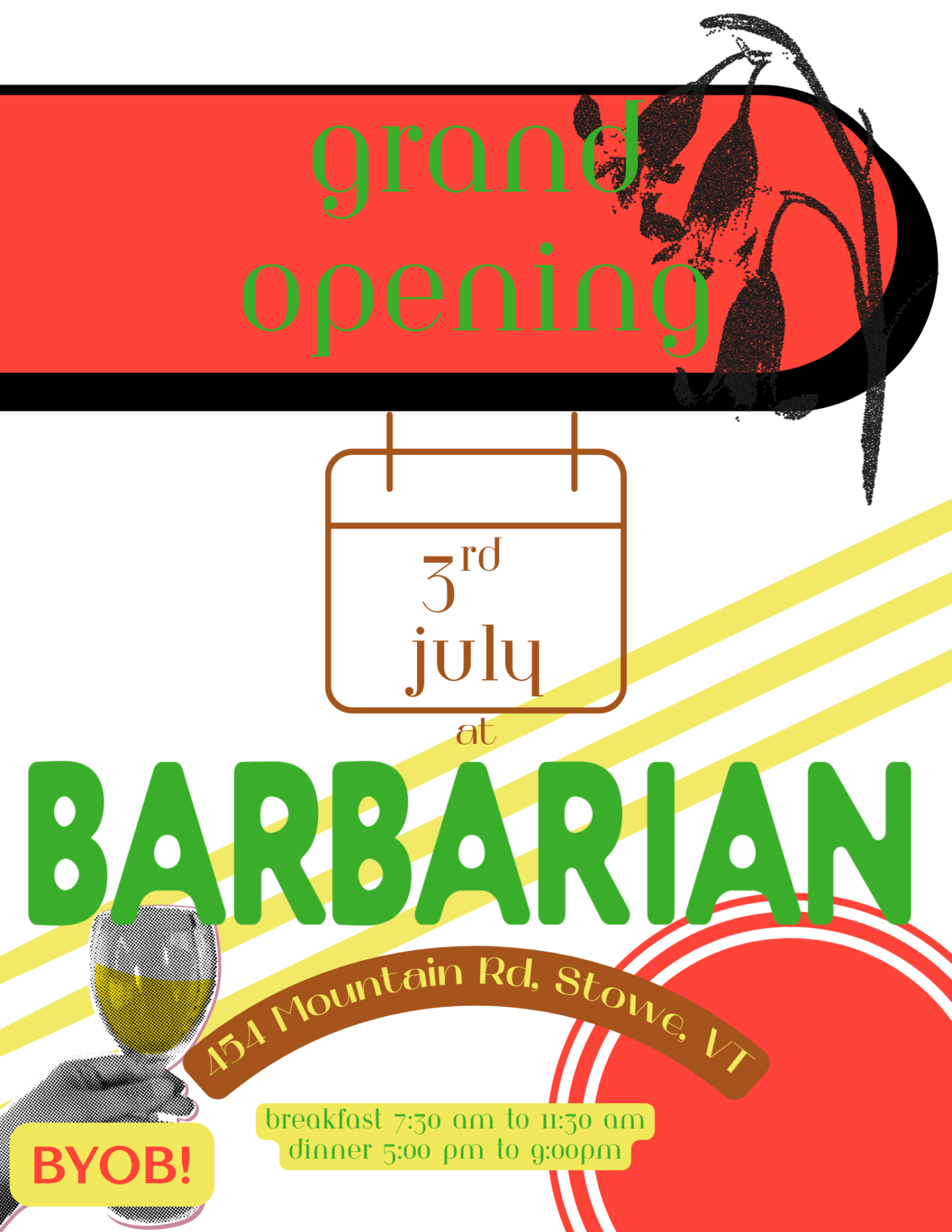 Grand opening flyer for Barbarian with decorative elements.