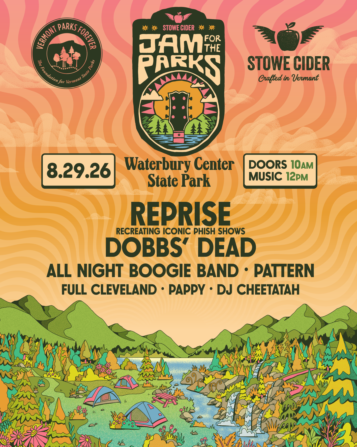 Colorful concert poster with event details, mountain scene, and logos.