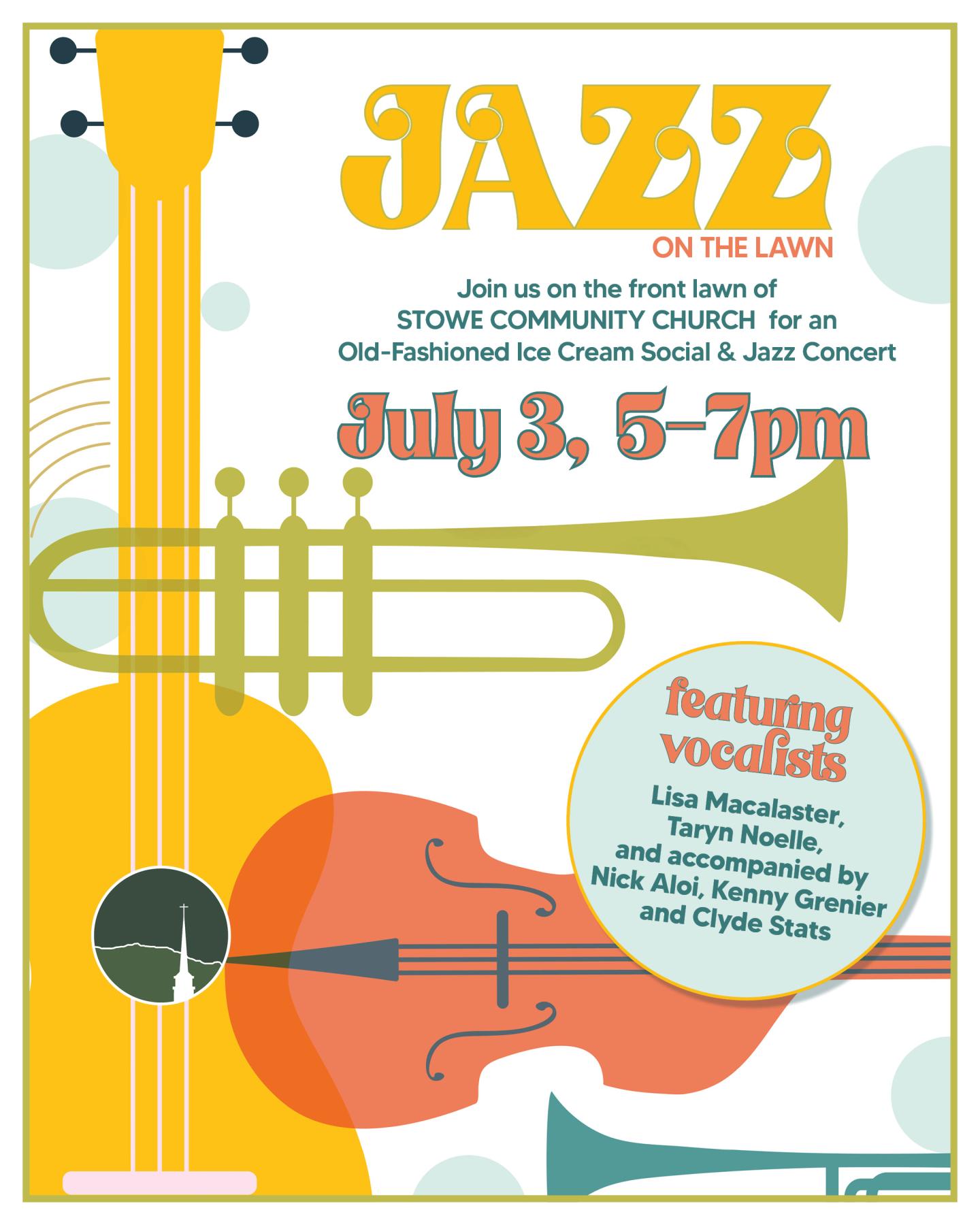 Jazz concert poster with instruments, July 3, 5-7pm.