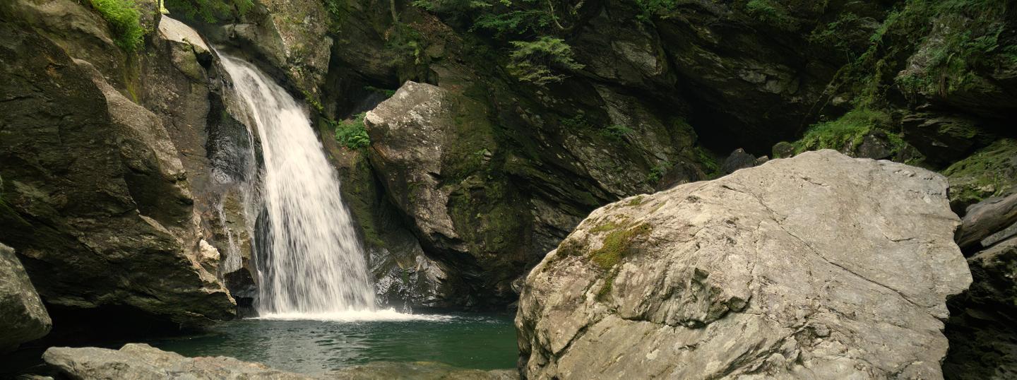 Waterfall cascading into a serene pool surrounded by rocks and greenery.