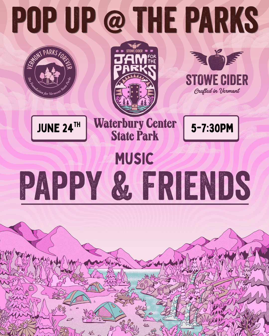 Pink flyer with a mountain landscape and event details.