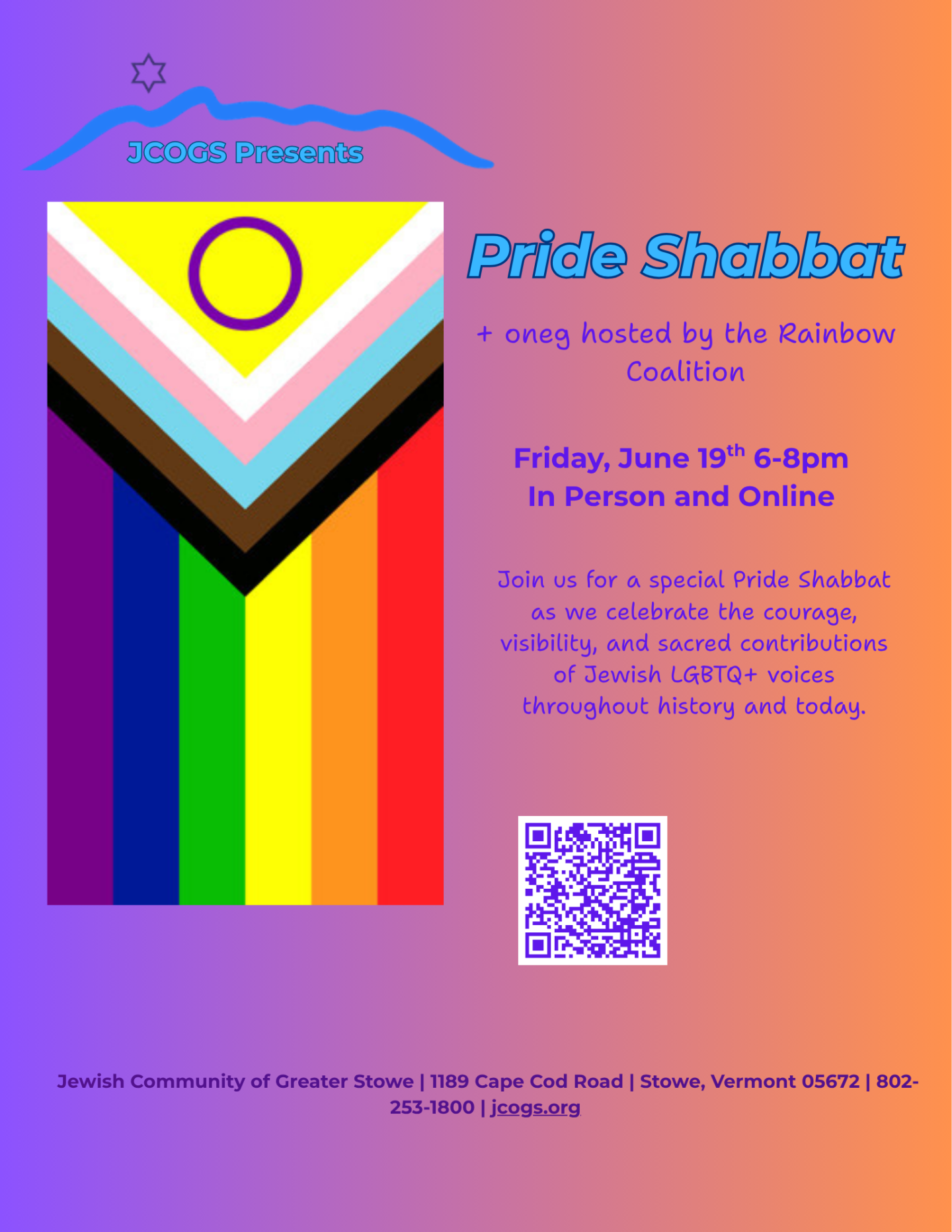 Pride Shabbat poster with rainbow stripes and event details, featuring a QR code.