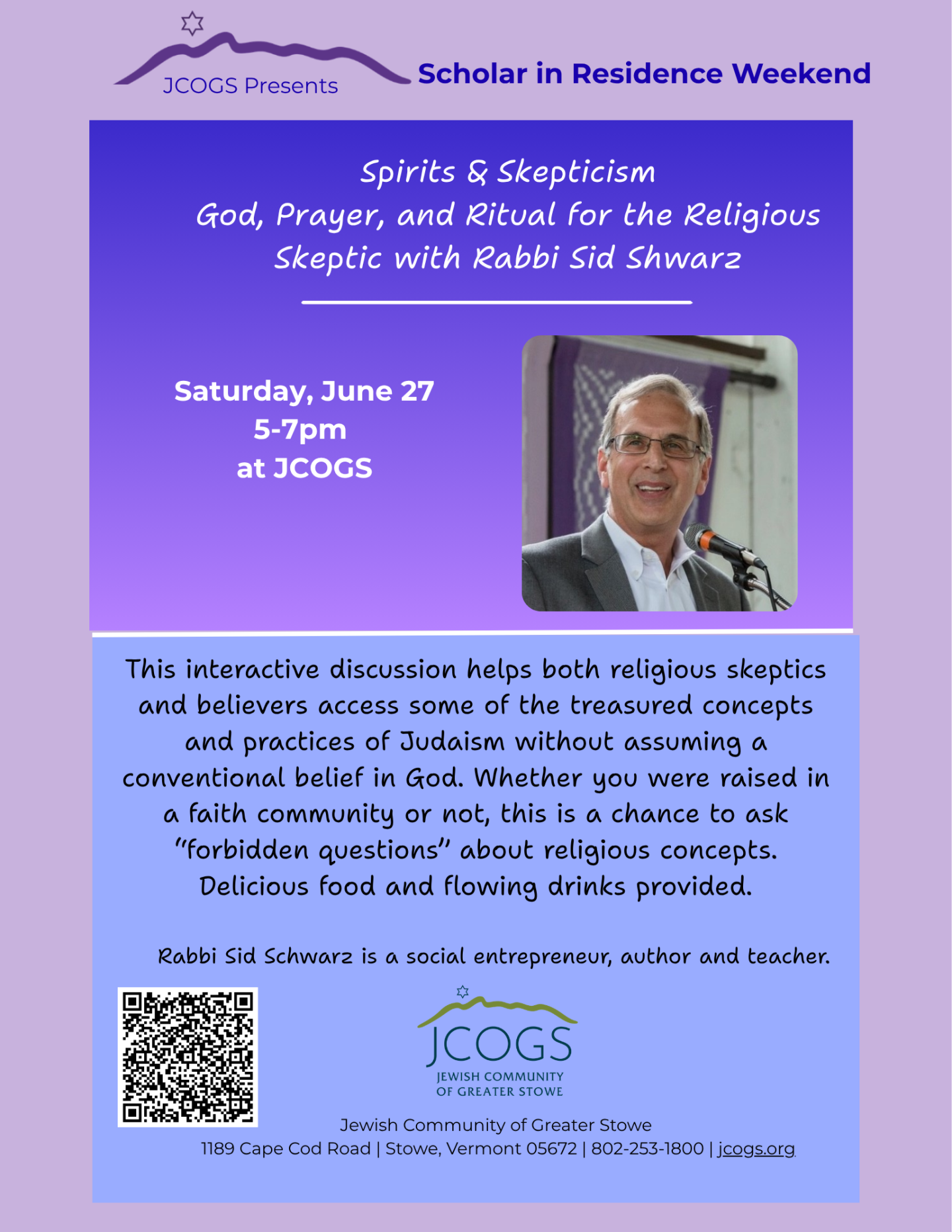 Purple and blue event flyer with a man’s photograph.