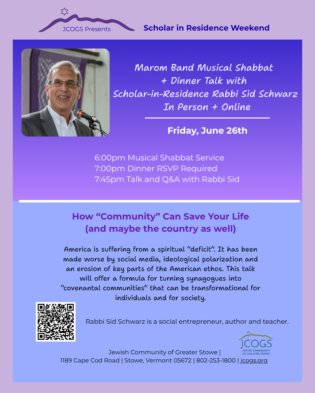 Scholar in Residence Weekend flyer with a man speaking at a microphone.
