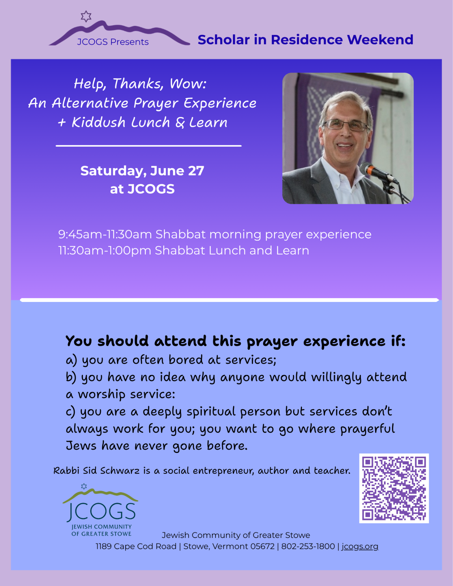 Flyer with photo of a smiling man speaking at a microphone. Purple and blue color scheme.