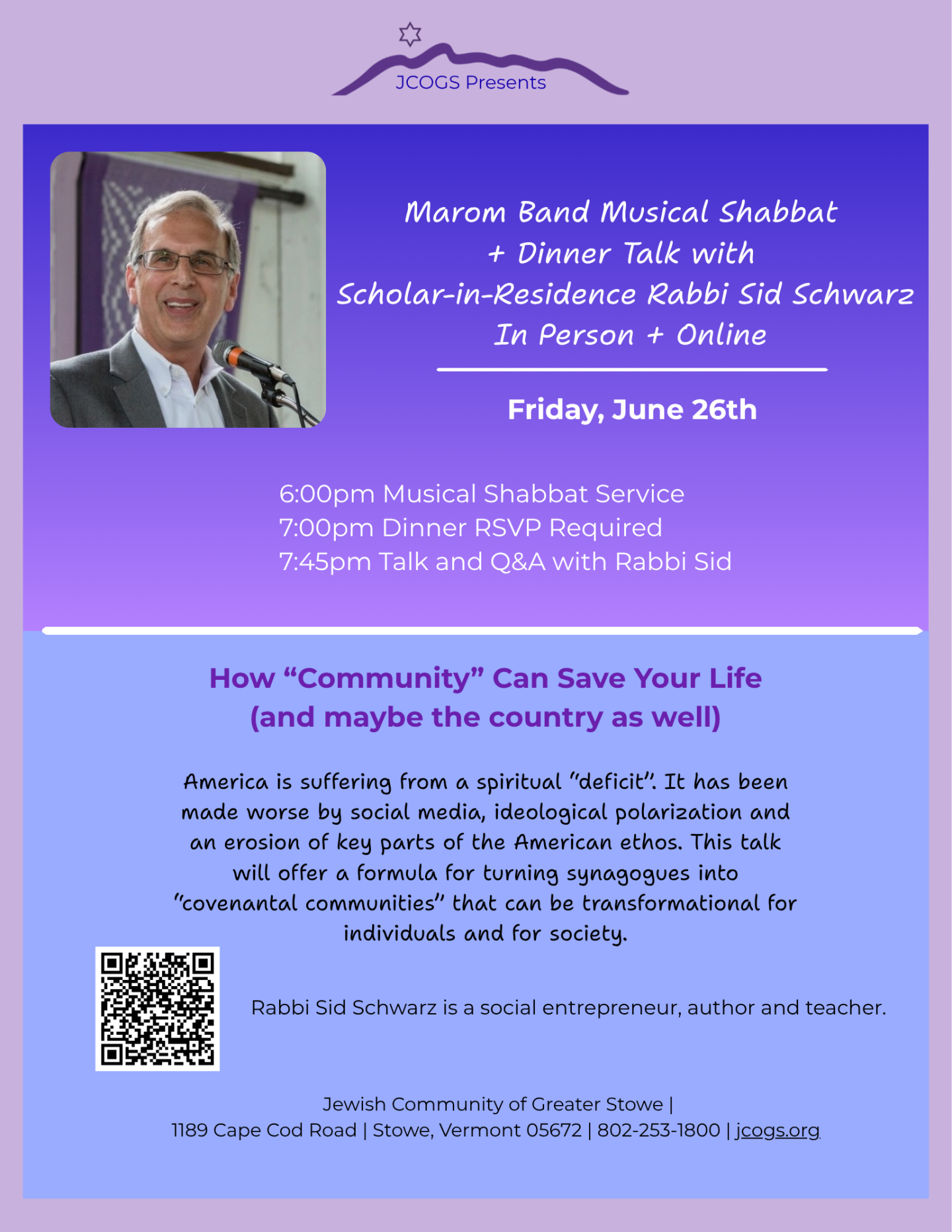 Event poster with text details and man's photo. Features purple tones and a mountain logo.