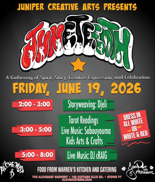 Juneteenth event flyer with red, green, and black text on a black background.