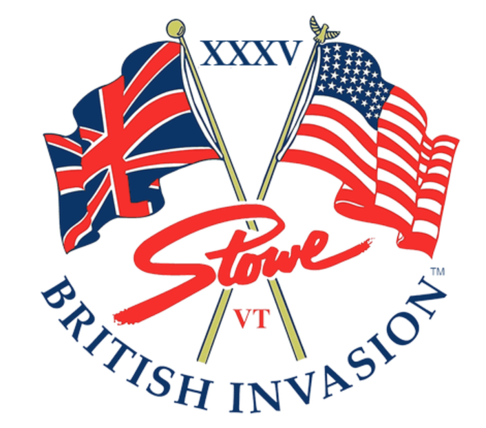 British and American flags crossed, "Stowe VT" text, XXXV British Invasion logo.