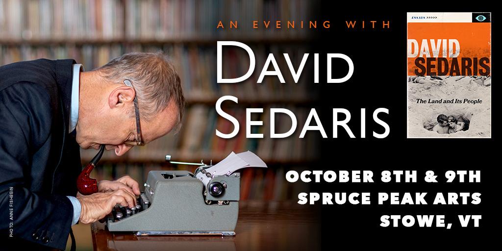 Man typing on typewriter, book cover inset, event details.