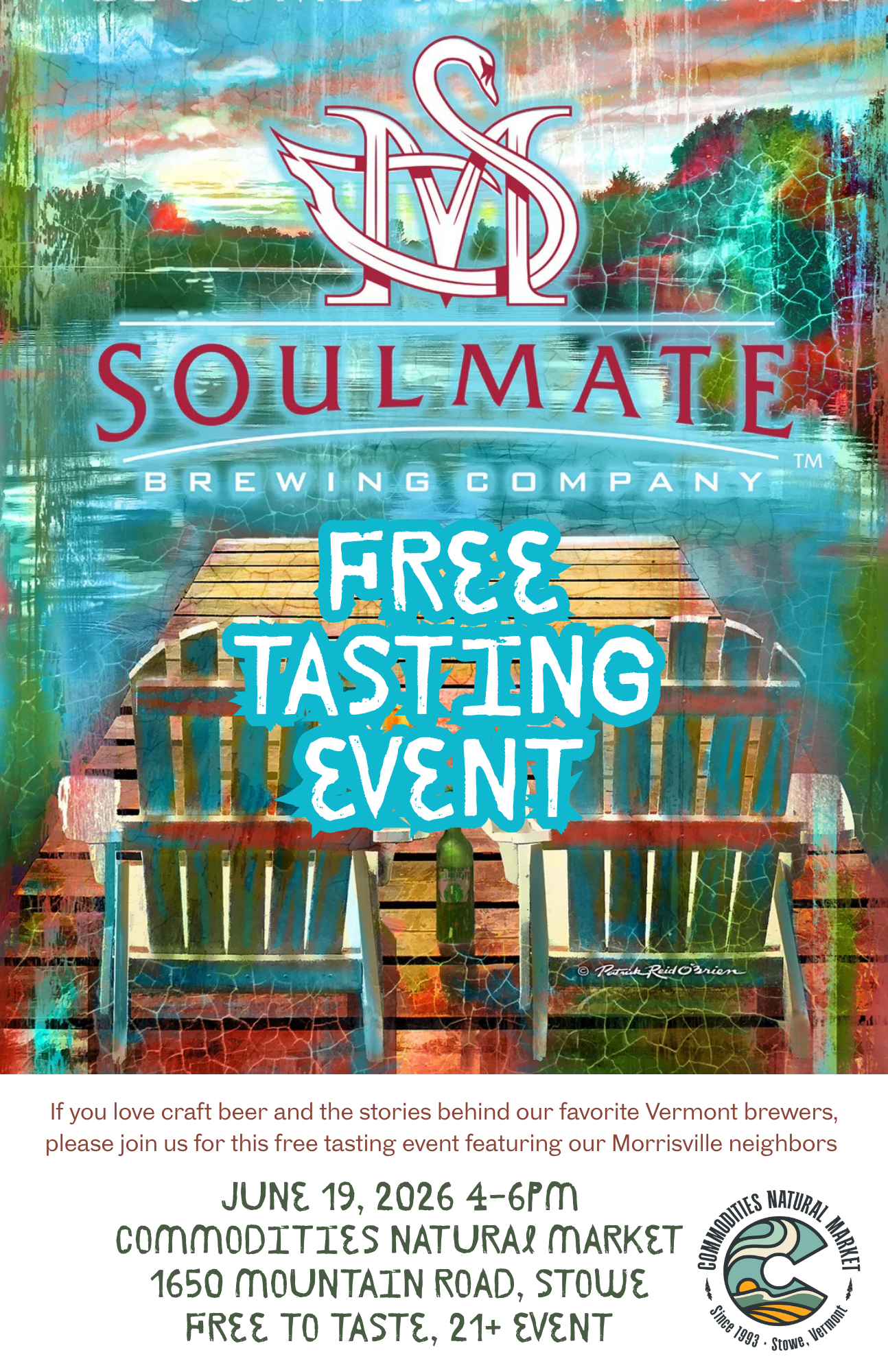 Soulmate Brewing Co. free tasting event poster with chairs by a lake.