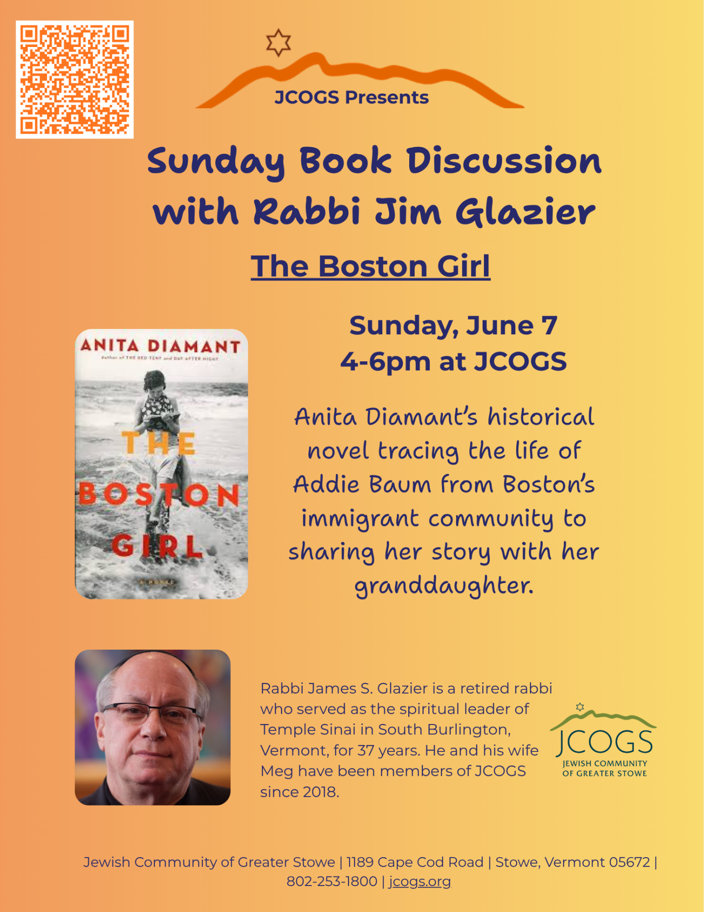 Sunday book discussion poster with event details and two images.