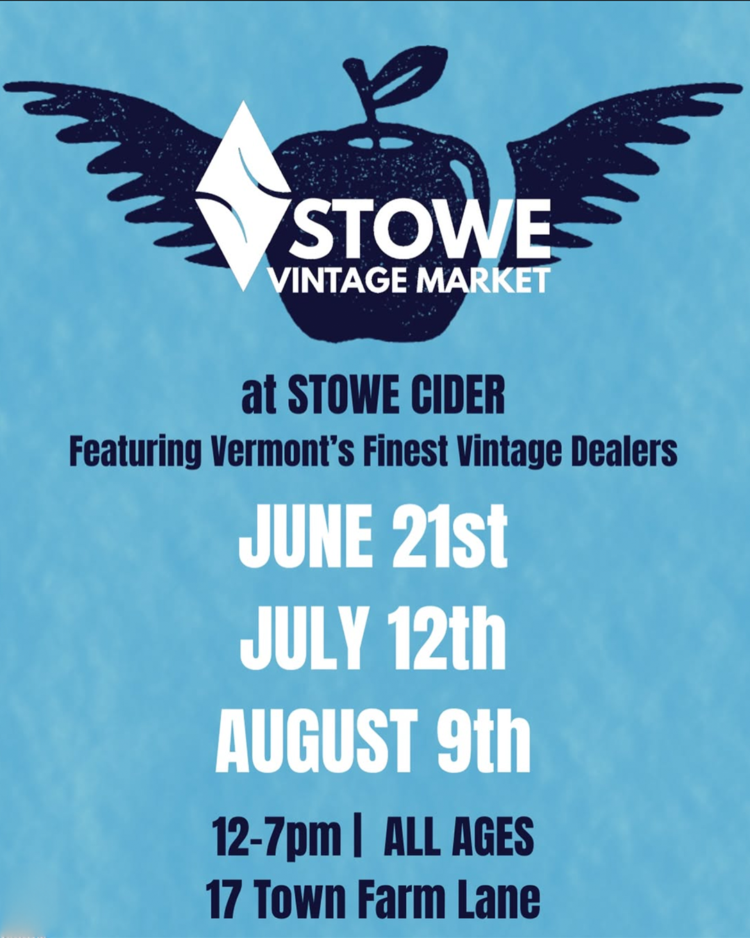Stowe Vintage Market flyer with event dates and location.