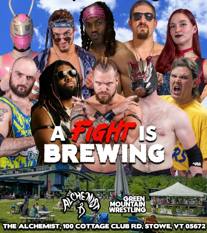 Wrestlers posing intensely with text "A Fight is Brewing" over a brewery scene.