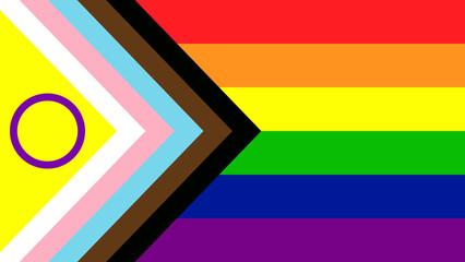 Progress Pride Flag with inclusive colors and intersex symbol.