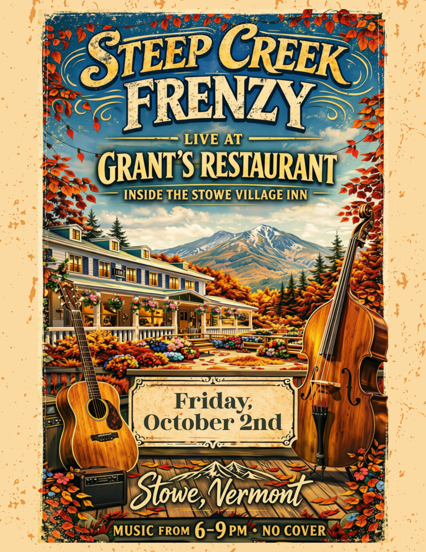 Autumn-themed event poster with instruments and a mountain backdrop.