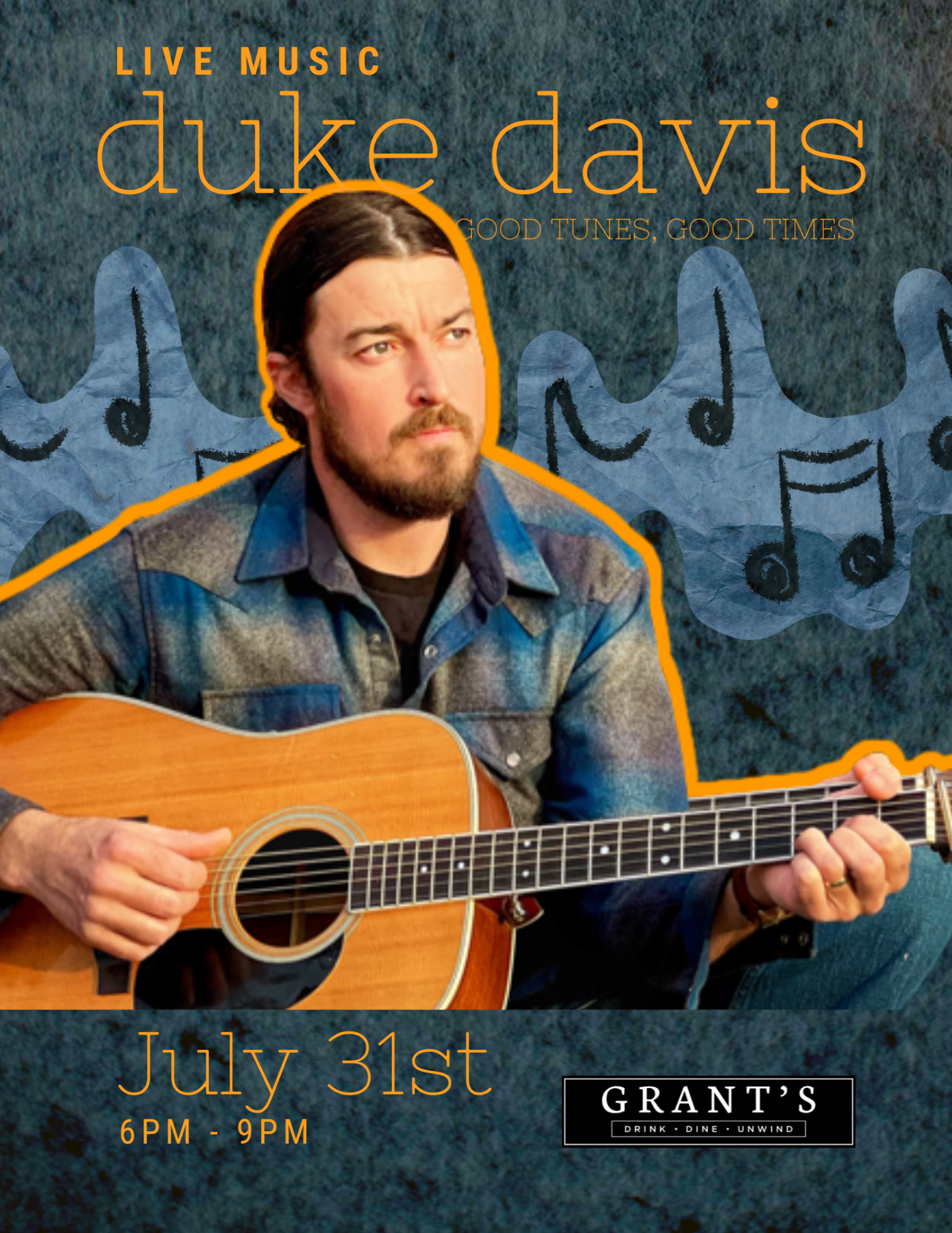 Man playing acoustic guitar with a musical notes background.