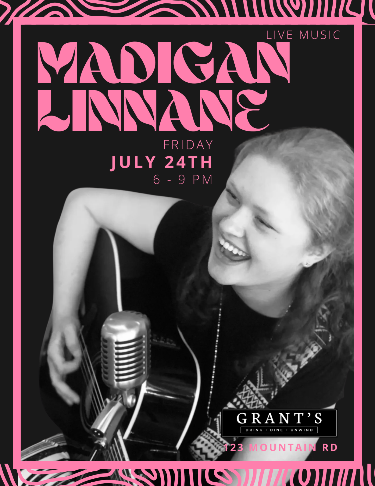 Smiling musician playing guitar in black-and-white concert poster.