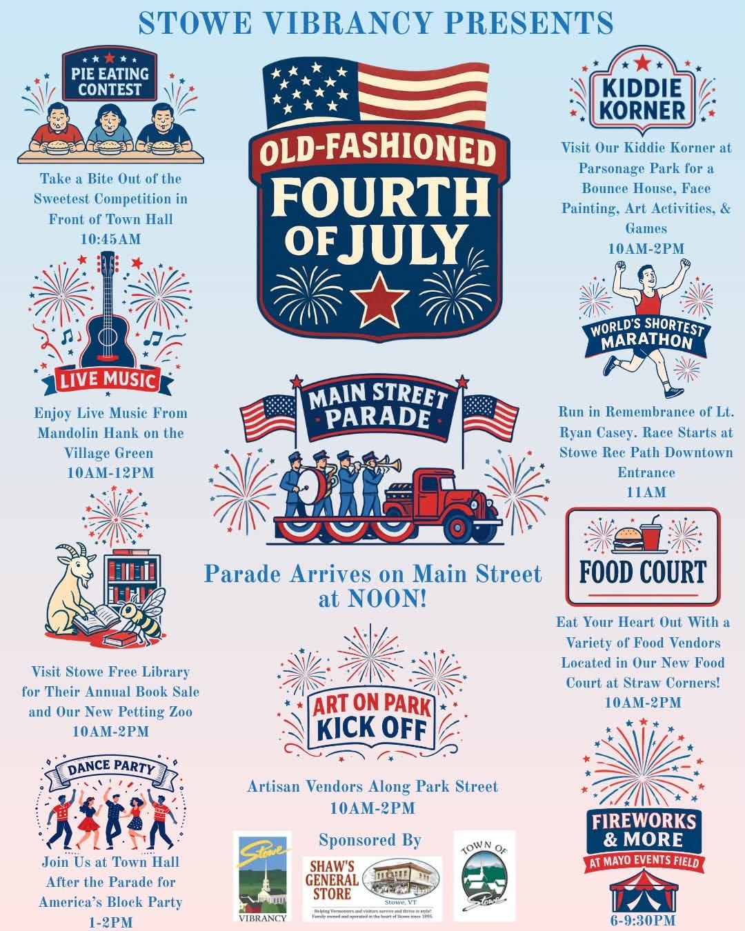 Old-fashioned Fourth of July flyer with event details and sponsors.