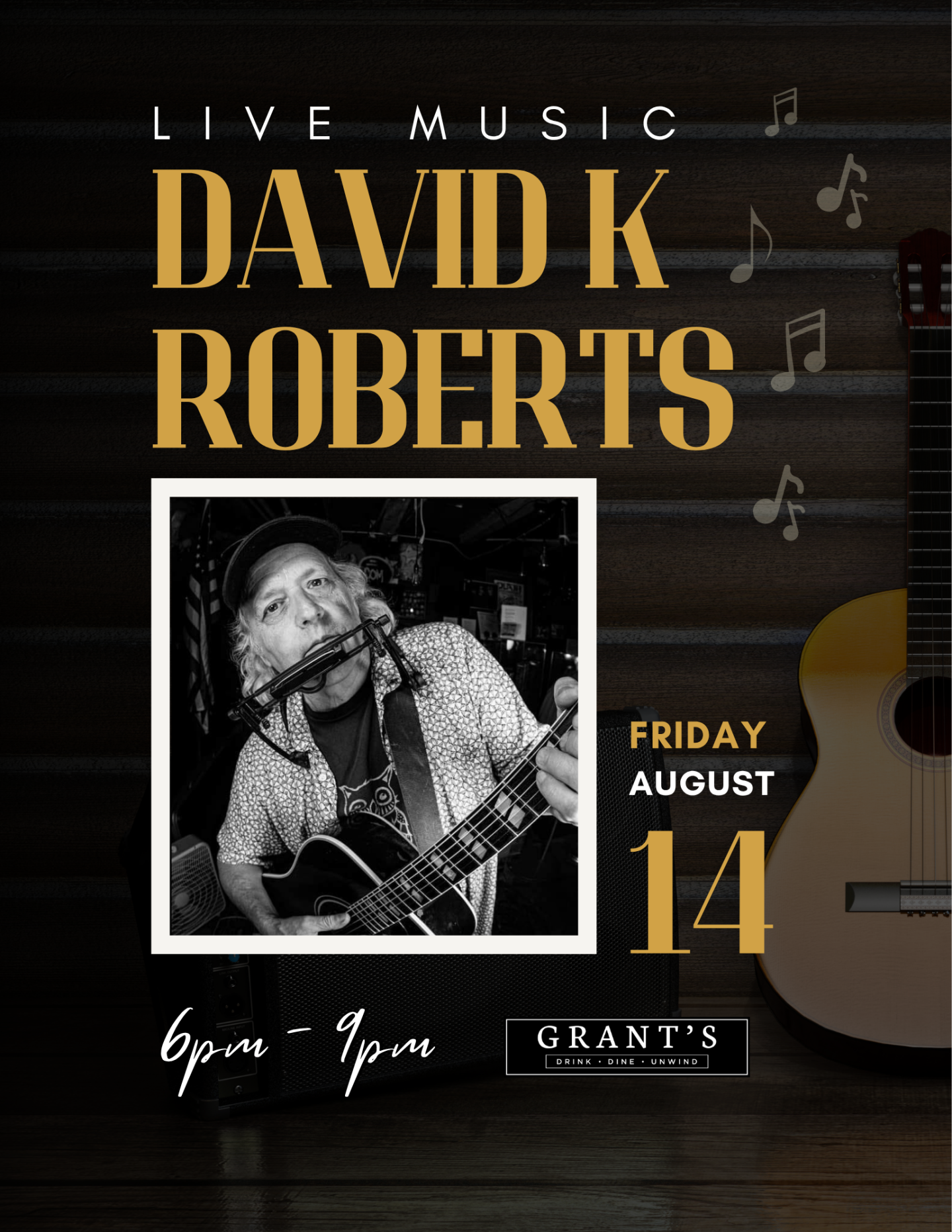 Live music poster with a black and white photo of a musician playing guitar.